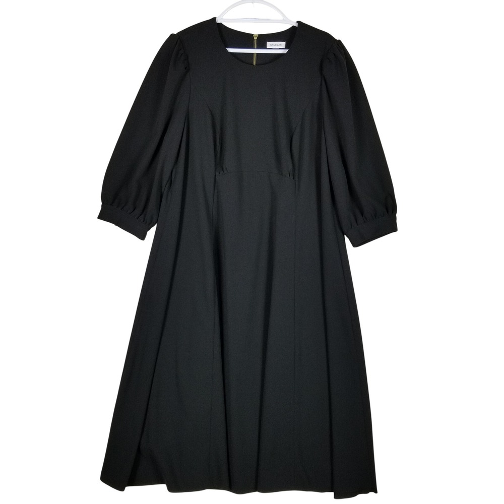 Calvin Klein Dress Womens 20W Black 3/4 Puff Sleeve A-Line Midi Exposed Gold Zip
